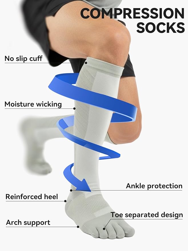 Compression Toe Socks for Men and Women 15-20mmHg, 3 Pairs, Knee High Five Finger Stockings