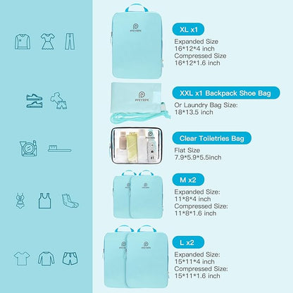 Lightweight Compression Packing Cubes for Suitcases, Compressible Expandable Travel Packing Organizer with Clear Toiletries and Backpack Bag, Travel Essentials for Carry on Luggage 7 Set