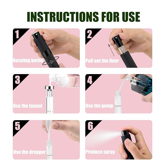 2 PCS/8ml Portable Mini Perfume Atomizer bottles, Empty Refillable Spray Bottle with 3 Types of Refill Tools, Pocket Travel Perfume Sample Bottles(Matte Black&Silver)