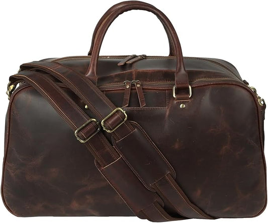 VINTAGE CRAFTS 20-Inch Genuine Leather Duffel Bag for Men | Overnight Travel Bag with Adjustable Strap, Shoulder Pad & Handles | Carry-On Luggage Weekender Gym Bag (Brown)