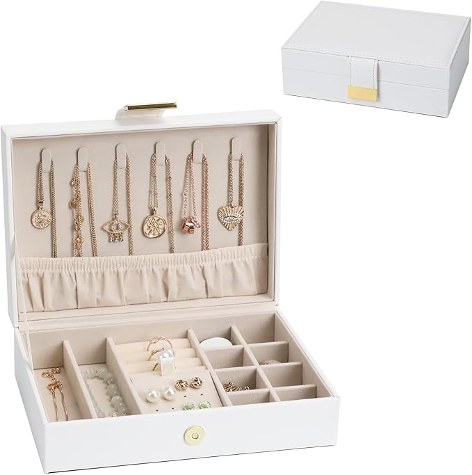 Jewelry Box Travel Jewelry Case Anti-Tarnish Single Layer Organizer for Rings, Earrings, Pendants, Necklaces Compact for Home Storage White