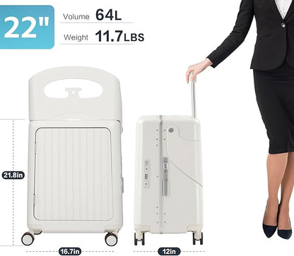 smilesun 22" Carry On Luggage with Seat For Kids & Adults，Hardside Ride On Suitcase Front Opening with 360°Spinner and TSA Lock For Travel (White with Front Open, 22")