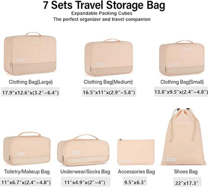 Hanke 7 Set Compression Packing Cubes for Travel, Expandable Large Packing Cubes for Suitcases and Backpack, Luggage Packing Organizer Bags with Double Zipper as Travel Essentials