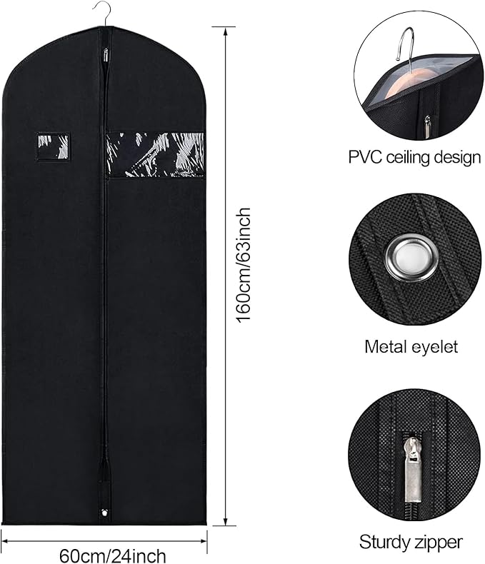BOMEI PACK Black Garment Bags for Hanging Clothes or Travel 63" Suit Bags for Storage of Coats,Sweater, Jacket,T-shirts and Dresses(3 Packs)
