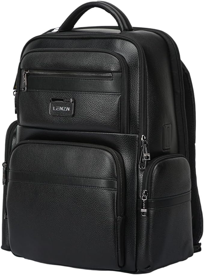 Durable Leather Laptop Business Backpack Perfect for Men & Women, Work Backpack Fits 15.6 Inch, Premium Quality Travel Bag with USB Charging Port, Water-Resistant, Bookbag with Multiple Pockets