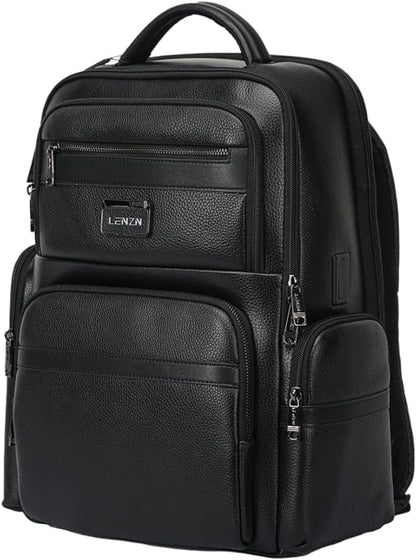 Durable Leather Laptop Business Backpack Perfect for Men & Women, Work Backpack Fits 15.6 Inch, Premium Quality Travel Bag with USB Charging Port, Water-Resistant, Bookbag with Multiple Pockets