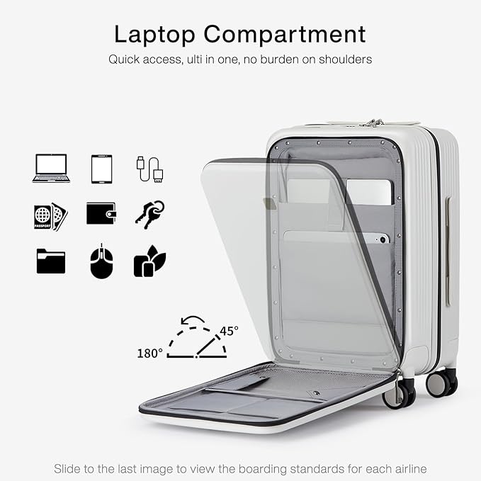 Hanke Grace Carry On Luggage with Wheels Airline Approved Hard Shell Suitcases with Front Pocket，Top Opening Luggage with TSA Lock for Short Business Travel，Smoke White.