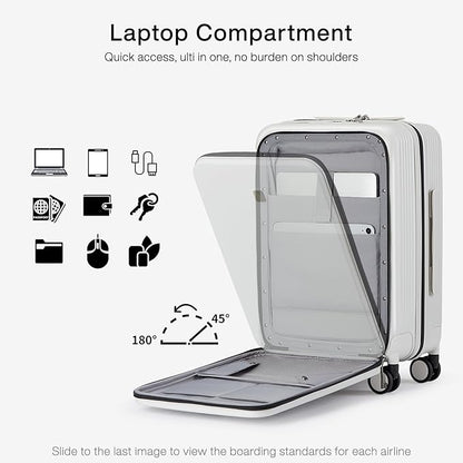 Hanke Grace Carry On Luggage with Wheels Airline Approved Hard Shell Suitcases with Front Pocket，Top Opening Luggage with TSA Lock for Short Business Travel，Smoke White.