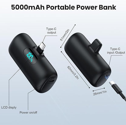 Mini Portable Charger USB C Power Bank,Upgraded 5000mAh PD Fast Charging Battery Pack Built-in USB-C Connector Travel Essential for iPhone17/17Pro/17Pro Max/Air/16 Plus/16Pro Max/15 Series,Android
