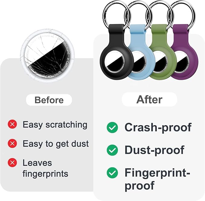 [4 Pack] Compatible with AirTag Holder Keychain Silicone Key Ring Cases Tags Chain for Apple for Air Tag GPS Item Finders Accessories, Black/Grey Blue/Teal Green/Dark Purple