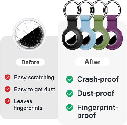 [4 Pack] Compatible with AirTag Holder Keychain Silicone Key Ring Cases Tags Chain for Apple for Air Tag GPS Item Finders Accessories, Black/Grey Blue/Teal Green/Dark Purple