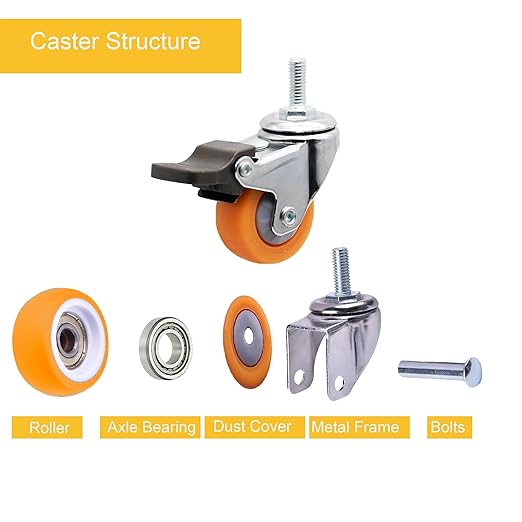 1.25" M6x15 Stem Casters Bolt Threaded Wheels,TPR Mute Rubber Swivel Single Caster Screws in Wheel Small with 2 Brake Locks-Orange