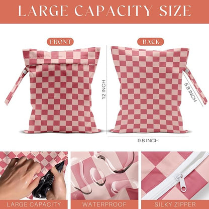4 Pack Cute Wet Bag Waterproof Washable Reusable Wet Dry Bag for Swimsuit Clothes Cloth Diaper Travel Beach Pool Yoga Gym Birthday Party Camping Toiletries Travel Beach Essentials, Pink Checkered