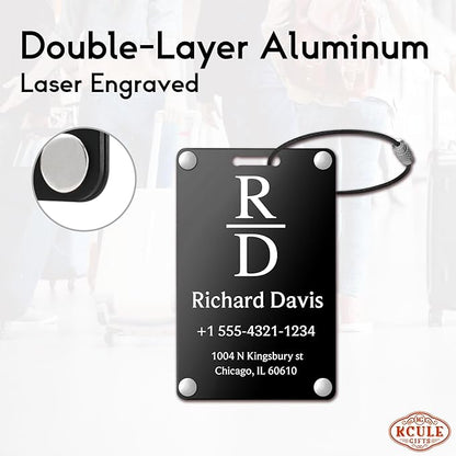 Personalized Luggage Tags for Suitcases - Monogram Style Aluminum Custom Luggage Tags for Backpacks & Bags, Sturdy, Waterproof & Heavy Duty (Black/Card-Sized)