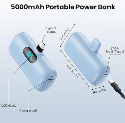 Mini Portable Charger USB C Power Bank,Upgraded 5000mAh PD Fast Charging Battery Pack Built-in USB-C Connector Travel Essential for iPhone17/17Pro/17Pro Max/Air/16 Plus/16Pro Max/15 Series,Android etc