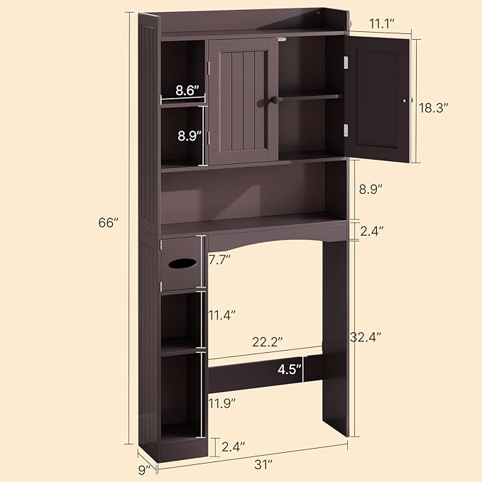 Gizoon Over The Toilet Storage Cabinet, Over Toilet Bathroom Organizer with Adjustable Shelves and 2 Doors, Over Toilet Storage Cabinet with Paper Holder, 2 Side Hooks, Space-Saver, Dark Brown