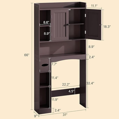 Gizoon Over The Toilet Storage Cabinet, Over Toilet Bathroom Organizer with Adjustable Shelves and 2 Doors, Over Toilet Storage Cabinet with Paper Holder, 2 Side Hooks, Space-Saver, Dark Brown