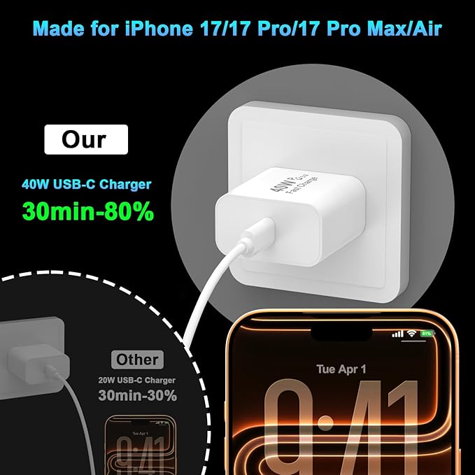 iPhone 17 16 Pro Max Charger Fast Charging, 2 Pack 40W USB C iPhone 16 17 Fast Charger Block with 10 FT Long Type C to C Charging Cable for iPhone 17/17 Pro Max/17 Pro/Air/16/16 Pro Max/15/15 Pro Max