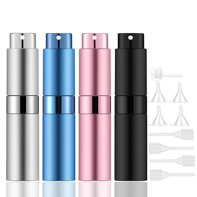 Lil Ray 8ml Portable Mini Perfume Atomizer(4 PCS)，Refillable Empty Small Spray Bottle for Travel, Twist Type Pocket Cologne Sprayer (Matte Black, Pink, Blue, Silver)