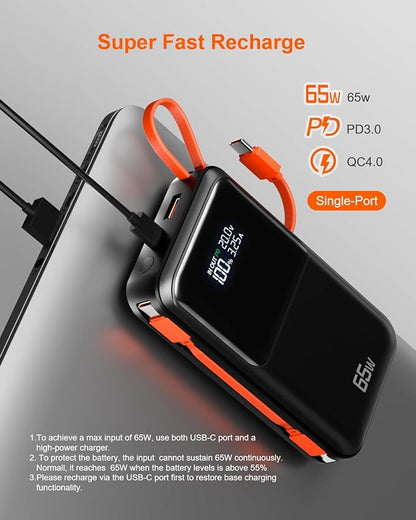 65W Portable Laptop Charger - 27,000mAh Power Bank with Built-in USB-C Cables, 3-Port 130W Total Fast Charging for MacBook/iPhone/Steam Deck|TSA-Approved Travel Essential Airplane Safe Battery Pack