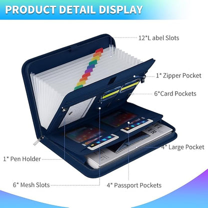 Fireproof & Waterproof Accordion File Organizer – Fireproof File Folder with Handle, 13-Pocket Expanding Paperwork Organizer for A4/Letter Documents, Travel File Storage (Blue)