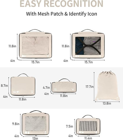 ECOHUB 7 Set Packing Cubes Tear-Resistant Luggage Packing Organizers with Number Icon for Travel Accessories Luggage Suitcase Machine Washable Packing Cubes (Beige)