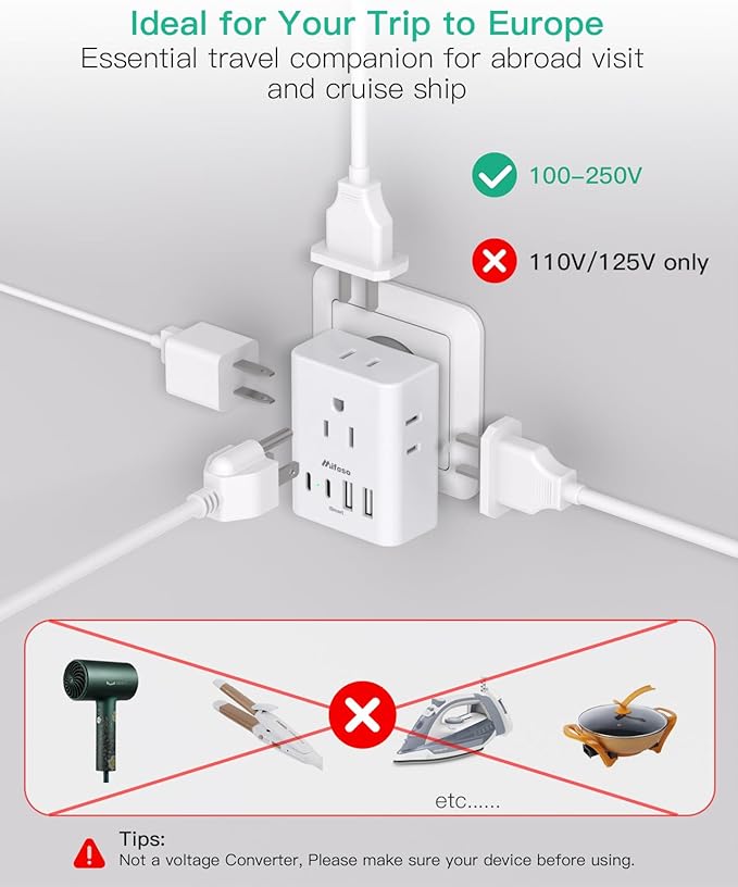 2 Pack European Travel Plug Adapter, International Power Adapter with 4 Outlets 4 USB C Ports (2 USB C), Type C Adapter for US to Most of Europe EU Italy Spain Greece Portugal France Germany