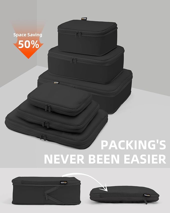 Compression Packing Cubes for Travel, 6-Piece Set (Large/Medium/Small), Double-Zip Luggage Organizers for Suitcase & Carry-On, Clothes Storage Bags (6 Pack, Pure Black)