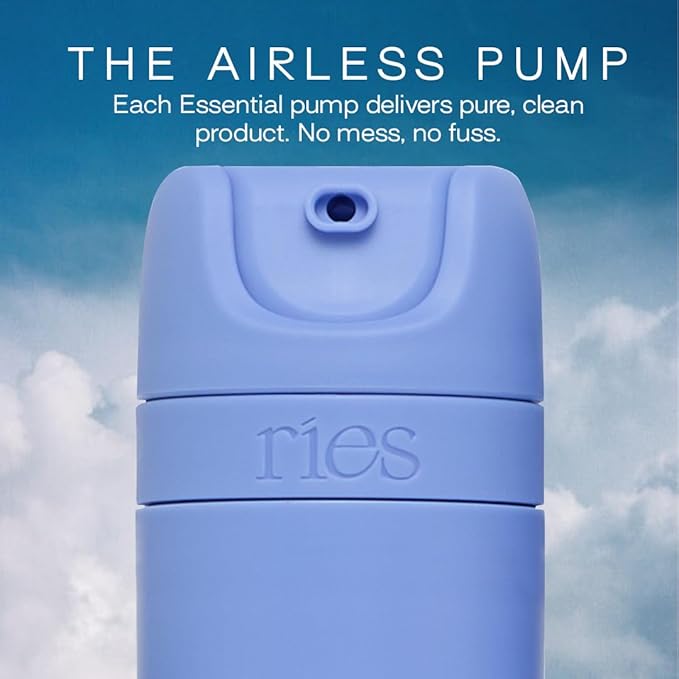RIES Starter Set Toiletry Travel Bottles – Set of 3 (1.7oz) Airless Pump Containers for Shampoo, Conditioner, Body, Face – Leak-Proof, TSA-Approved, Dishwasher Safe- (Runaway Blue)