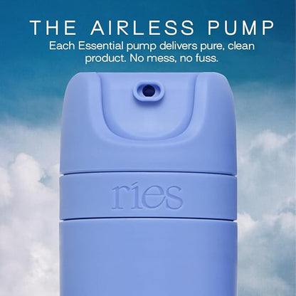 RIES Starter Set Toiletry Travel Bottles – Set of 3 (1.7oz) Airless Pump Containers for Shampoo, Conditioner, Body, Face – Leak-Proof, TSA-Approved, Dishwasher Safe- (Runaway Blue)