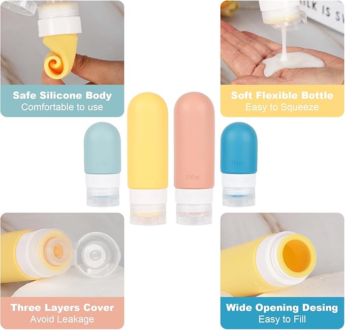 Travel Bottles Set for Toiletries, TSA Approved Travel Containers Leak Proof Silicone Squeezable Travel Accessories 2oz 3oz for Shampoo Conditioner Lotion Body Wash (White)