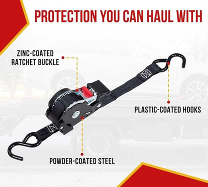 Mytee Products 4 Auto Retract NO-RATCHETING Ratchet Straps | 1" x 12' Retractable Ratchet Straps with Coated S Hook Tiedowns for Motorcycles, ATVs, Bikes: Tight & Secure Pickup Trailer Tie-Down