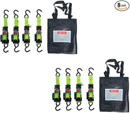 Mytee Products 8 Pack Retractable Ratchet Tie Down Straps w/S Hook - 1,500lb Break Strength Self Retracting Ratchet Straps for Haul Motorcycles, ATVs, Bikes, Trailer Tie-Down