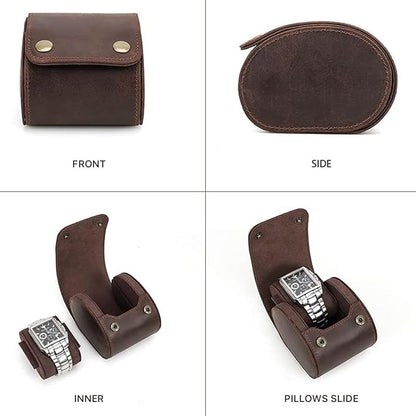 Leather Single Watch Case,Genuine Leather Vintage Watch Roll Travel Case for Storage Organizer Display (1 Slot)