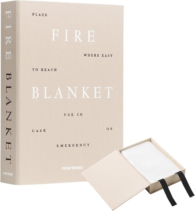 PrintWorks Beige Fire Blanket for Home – Minimaslitc Emergency Safety Cover in Stylish Discreet Book-Style Storage Box
