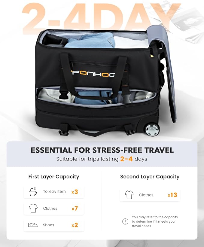 21 Inch Expandable Duffle Bag with Wheels for Men - Water Resistant Wheeled Duffle Bag for Weekend Travel & Overnight Trips,Black