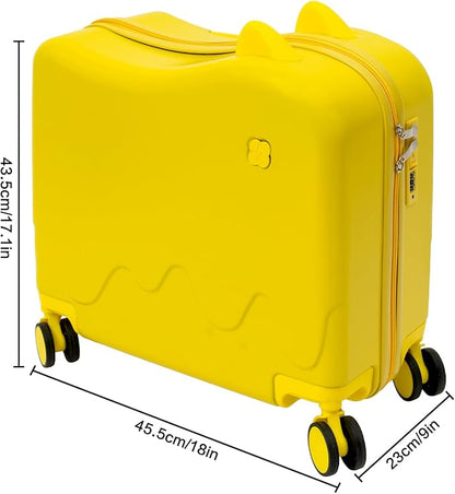 18" Ride-On Kids Suitcase with Double Spinner Wheels, Lightweight Tow-Along Luggage Carry-on Hardside Trolly Case with Password Lock, Rolling Children's Travel Luggage for Travel, School (Yellow)