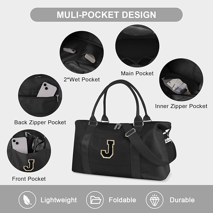 Dance Gym Duffel Bag for Teen Girls, Personalized Initial Travel Weekender Bag,Cute Overnight Carry On Duffle for Women,Sports Travel Cheer Bag,Monogram Christmas Gifts for Tween Preppy(black-J)