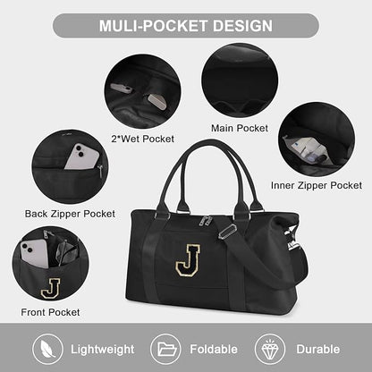 Dance Gym Duffel Bag for Teen Girls, Personalized Initial Travel Weekender Bag,Cute Overnight Carry On Duffle for Women,Sports Travel Cheer Bag,Monogram Christmas Gifts for Tween Preppy(black-J)