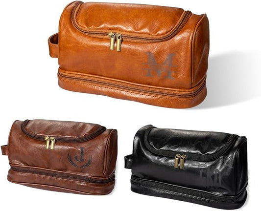 Custom Toiletries Travel Bag Leather Personalized Name Monogram Initial Toiletry Bag For Men Groomsmen Birthday Gifts For Dad Son Boyfriends Husband Size 11.4×4.9×6.5INCH