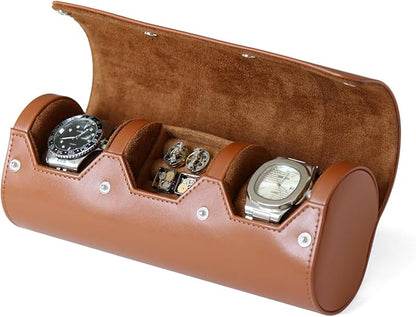 Watch and Cufflink Box Organizer Case for Men, Cufflink Watch Case Travel Roll, Portable 2 Slot Watch and Cufflink Display Storage with Velvet to Holder Large Watch, Cufflink Ring Travel Case