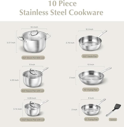 KOCH SYSTEME CS Stainless Steel Pots and Pans Set, 10 Piece Stainless Steel Cookware Set for Professional Cooking, Kitchen Cookware Sets, Induction Compatible Cookware Set 10 Pcs, Pots and Pans