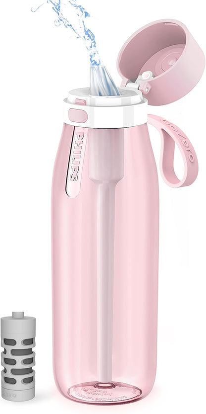 PHILIPS Filtered Water Bottle, BPA-Free Tritan Plastic Water Bottles, Replaces 450 Plastic Water Bottle with Reusable GoZero Everyday Water Filter, Portable Filtering Bottle for Travel, 36oz, Pink
