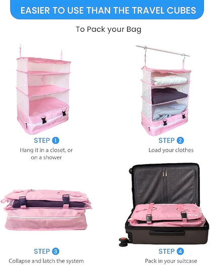 Grand Fusion Stow-N-Go Travel Luggage Organizer – Portable Hanging Travel Shelves, Carry-On Closet Organizer, Hanging Packing Cubes, Collapsible Carry-On Organizer for Cruises & Hotels. Pink - XL