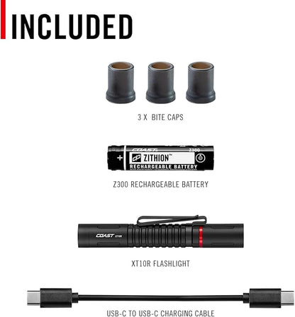 COAST XT10R 280 Lumen USB-C Rechargeable Pocket Flashlight/Penlight with TWIST FOCUS and Two-Way Clip, 3 Bite Caps included, Pocket Size for EDC, Work and Emergencies, BLACK