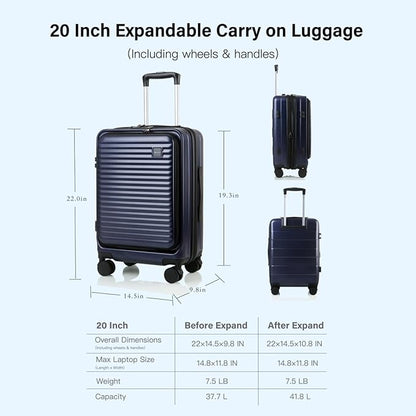 Carry On Luggage Airline Approved, 20 Inch Expandable PC Hardside Lightweight Suitcases with Spinner Wheels and TSA Lock (Dark Blue, 20 Inch)