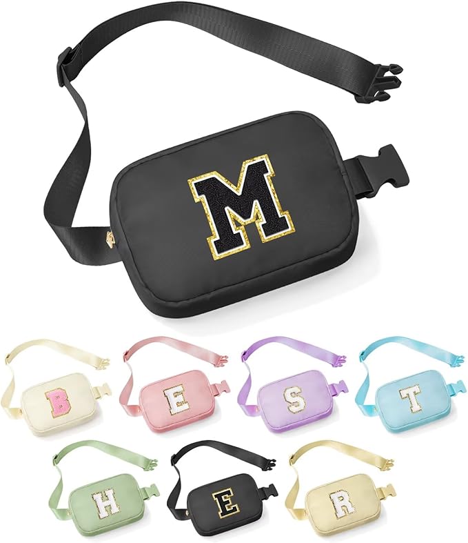 YOOLIFE Initial Belt Bag - Crossbody Bags Women - Fanny Packs for Women Cross Body Bag Black Small Waist Packs Travel Everywhere Belt Bag Monogram Crossbody Bag M