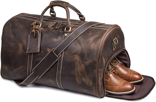 24 Inch Leather Travel Weekend Luggage Bag, Mens Duffle Retro Carry on Handbag (Dark Brown)