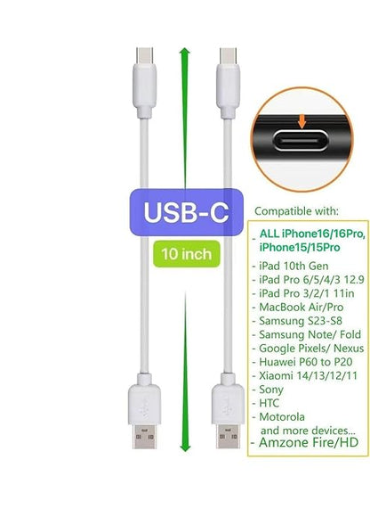 10-Pack Multi Short USB Cables & TypeC-C Cables for Charging Stations Compatible/w iPhone16/15, iPhone5-14/ iPads/iPad mini/iPad Pros/Samsung Moblies & Tablets/Pixel & Nexus/HTC/Sony(White)