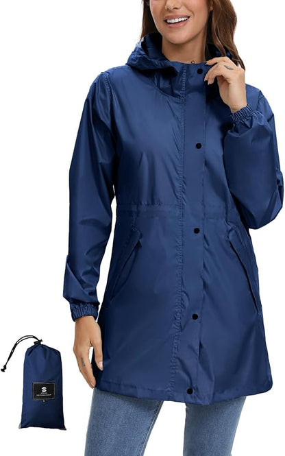 SaphiRose Women's Lightweight Long Rain Jacket Packable Raincoat Hooded Outdoor Trench Coats